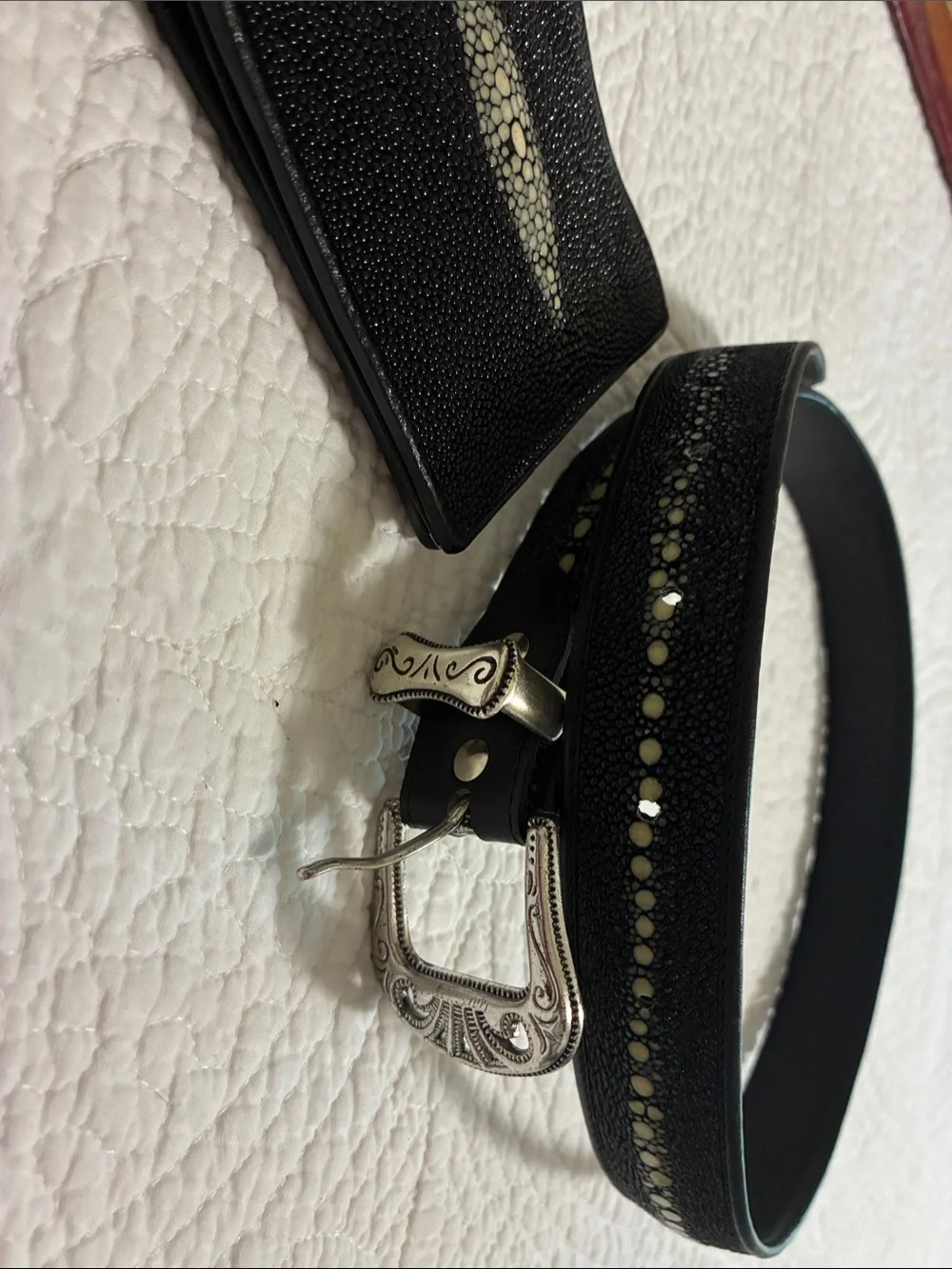 Black genuine stingray Belt with Silver Buckle AND stingray wallet